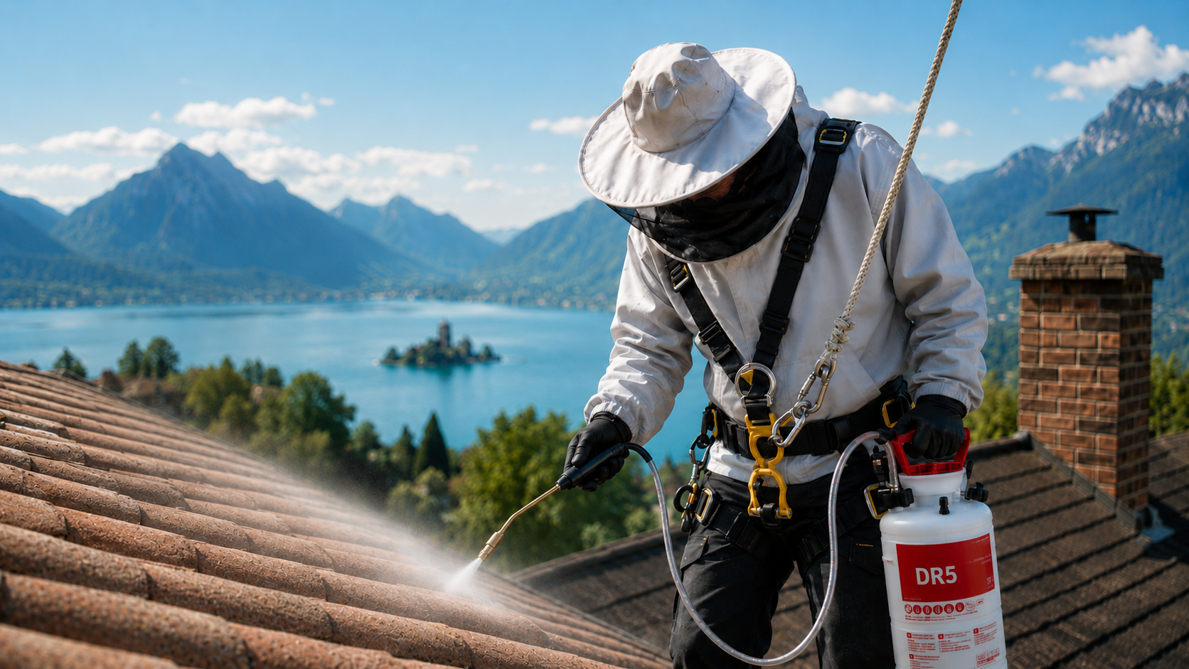Technicien Alpes Frelons sur toiture — Alpes et lac